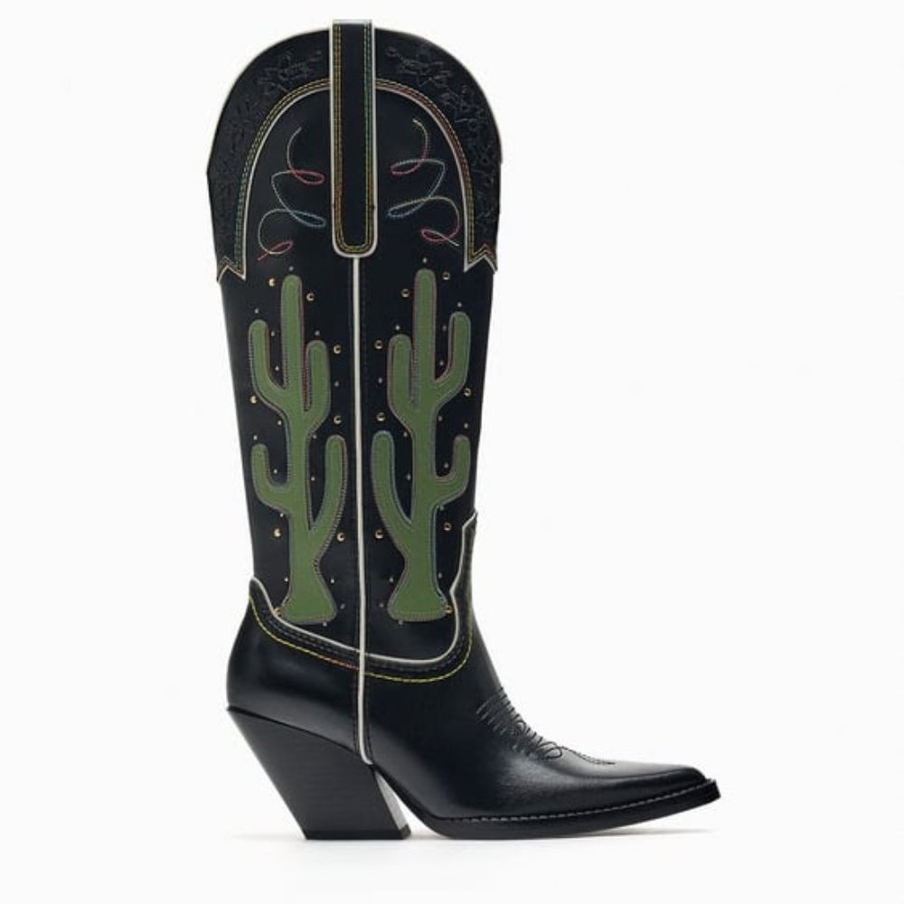 Zara Knee High Cactus Cowboy Boots Size 8 (39)